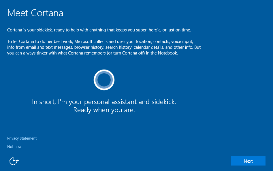Cortana Welcome Screen